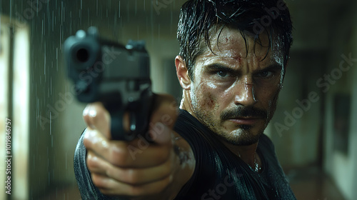 A photo of an action movie hero portrayed by the actor, showcasing intense determination and focus. The hero, played by a rugged, muscular figure, is captured mid-action, reflecting strength, courage,