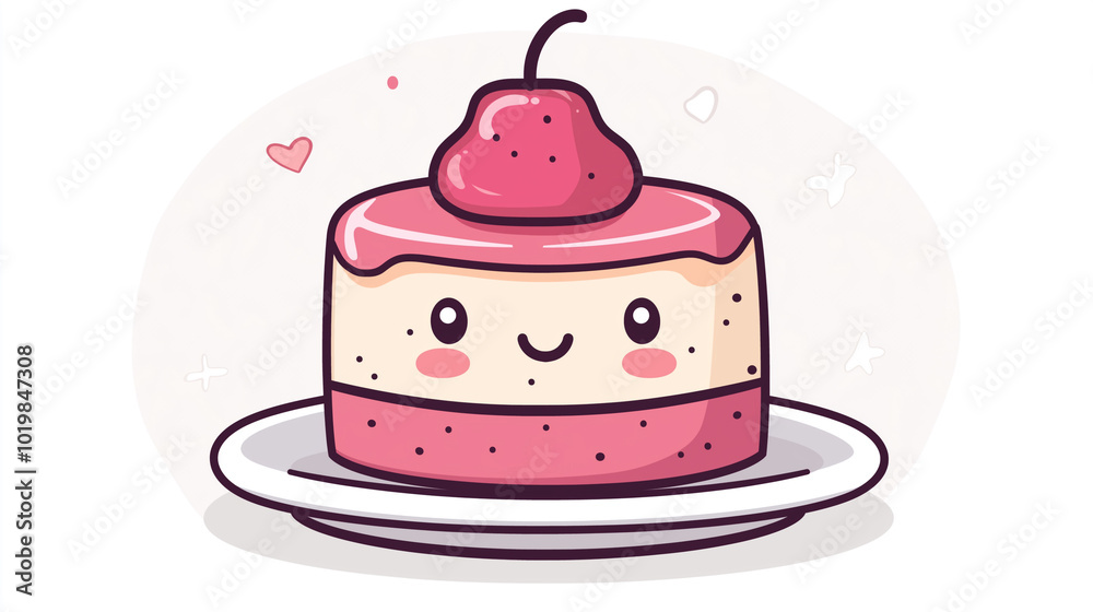 A cute cake on a white background with contour lines, flat colors, and an anime art style A cute cake on a white background with contour lines, flat colors, and an anime art style
