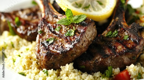 Grilled lamb chops served with a side of couscous salad, garnished with fresh mint and lemon slices, evoking a Mediterranean feast photo