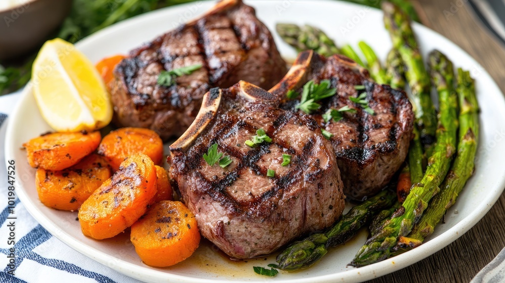 Grilled lamb chops served with a side of roasted carrots and asparagus, garnished with fresh herbs and a lemon wedge, perfect for a hearty dinner