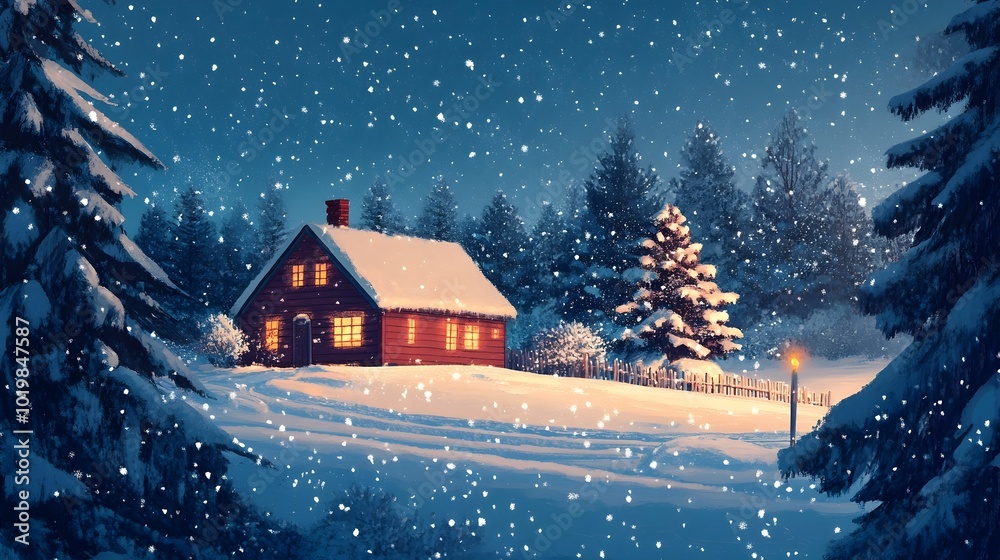 Fototapeta premium Cozy Winter Cabin in Snowy Forest Landscape with Illuminated Christmas Tree and Starry Night Sky