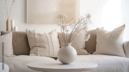 White Vase with Dried Flowers on a Coffee Table in a Living Room