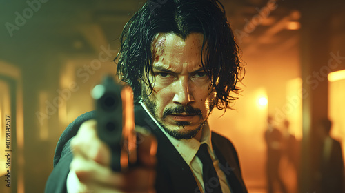 A photo of an action movie hero portrayed by the actor, showcasing intense determination and focus. The hero, played by a rugged, muscular figure, is captured mid-action, reflecting strength, courage,