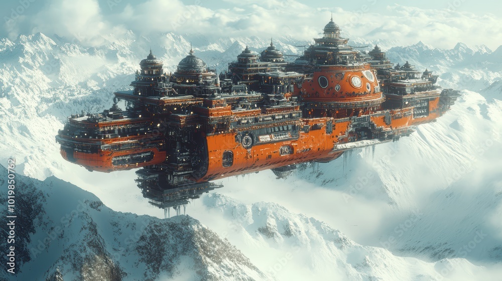 Cinematic shot of a huge, Mechanical, gigantic Japanese Potala Palace , floating in the sky above a snow mountain. aesthetic, with a dark, mystery atmosphere. 3D render. cinematic. Cinematic shot of a huge, Mechanical, gigantic Japanese Potala Palace , floating in the sky above a snow mountain. aesthetic, with a dark, mystery atmosphere. 3D render. cinematic.