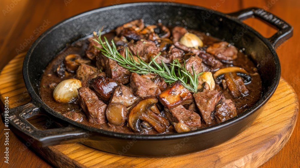 reindeer served in a hot skillet, with rosemary sprigs, wild mushrooms, and roasted garlic, placed on a wooden chopping board for a hearty meal reindeer served in a hot skillet, with rosemary sprigs, wild mushrooms, and roasted garlic, placed on a wooden chopping board for a hearty meal