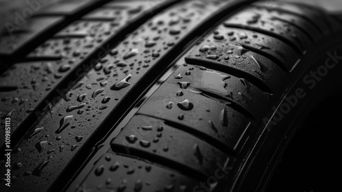 Close-up of wet tire tread with water droplets photo