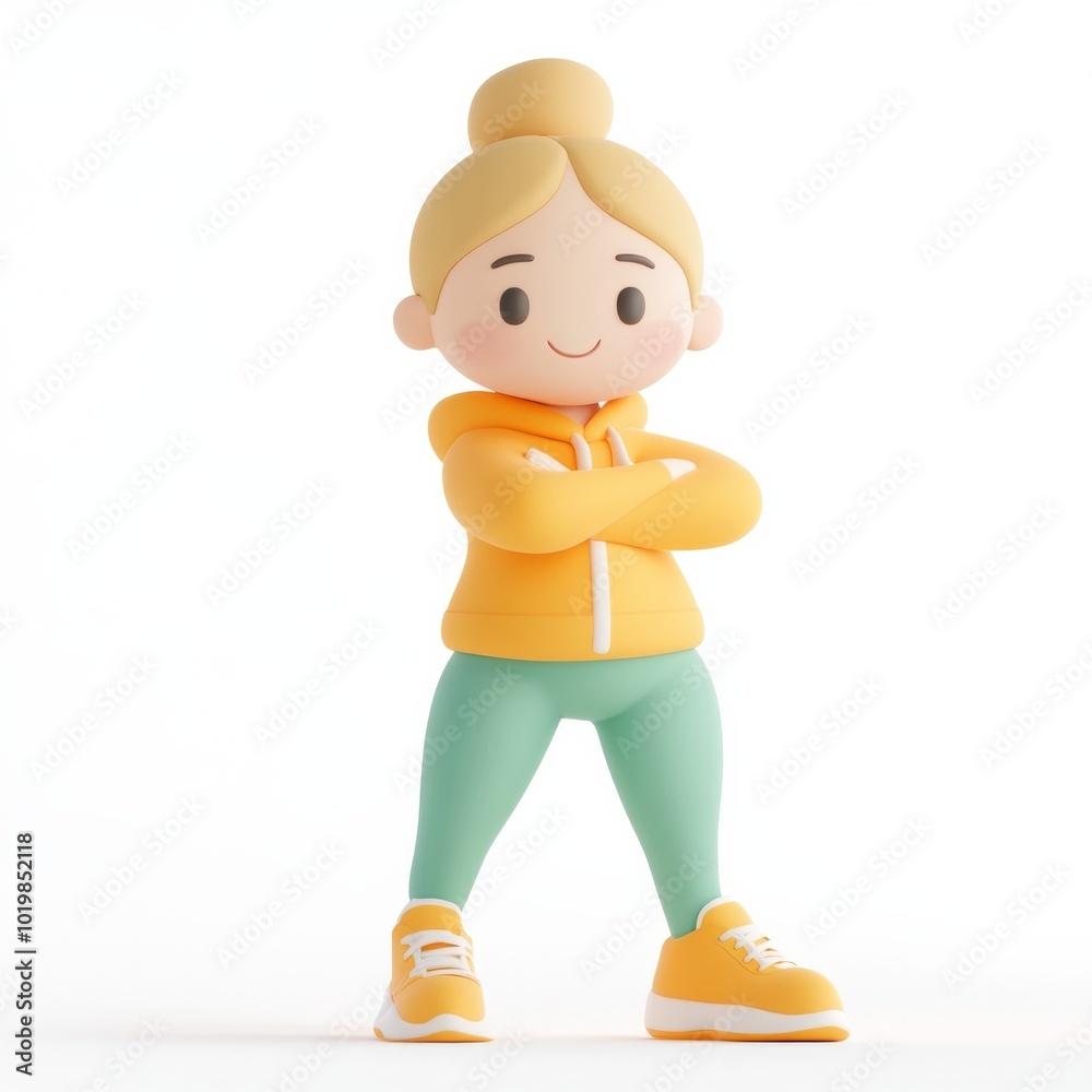 A cute 3D cartoon character of a young girl with a yellow hoodie, green pants, and yellow sneakers A cute 3D cartoon character of a young girl with a yellow hoodie, green pants, and yellow sneakers