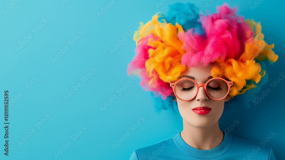 A joyful woman showcases a playful, colorful hairstyle with bright pink and orange curls. Her playful look is complemented by stylish glasses, set against a vibrant blue backdrop