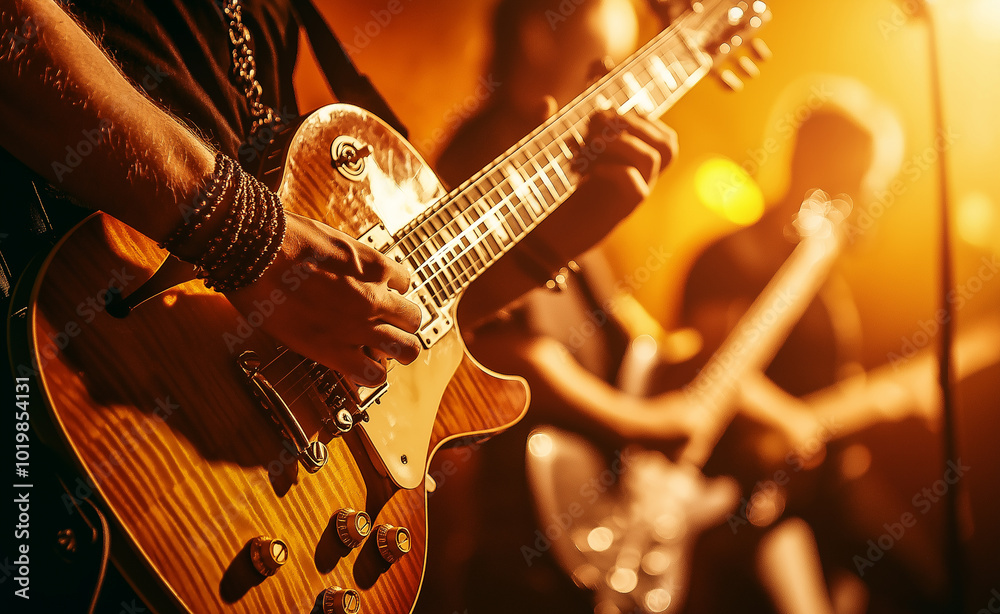 Naklejka premium Musician playing electric guitar on stage with warm lights