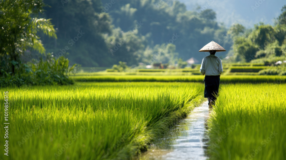 farmer walking through lush green rice paddies, surrounded by vibrant nature and mountains in background, embodies tranquility of rural life