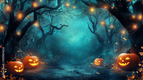 Enchanted Halloween forest with glowing pumpkins and string lights.