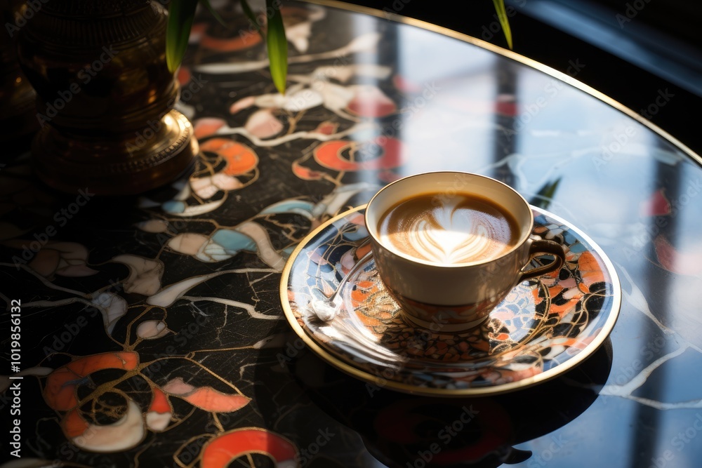 Elegant Café Scene with Coffee and Decorative Table Elegant Café Scene with Coffee and Decorative Table