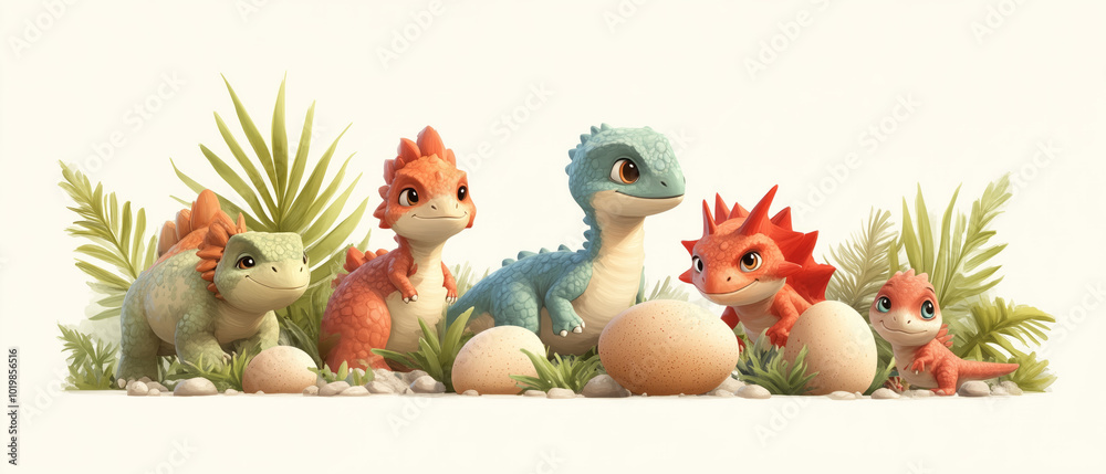 Naklejka premium Adorable baby dinosaurs hatching in a lush environment, wallpaper for kids