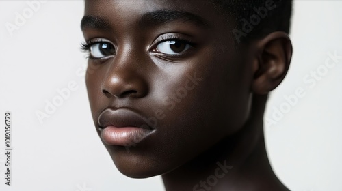 A close up of a young boy's face with dark skin