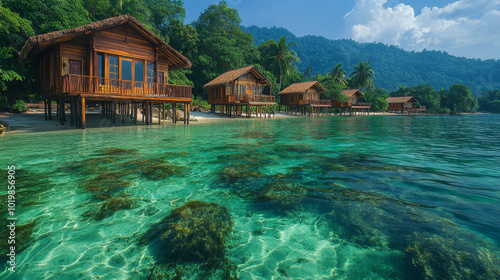 Crystal clear water with a tropical island and luxurious wooden houses on stilts in the background