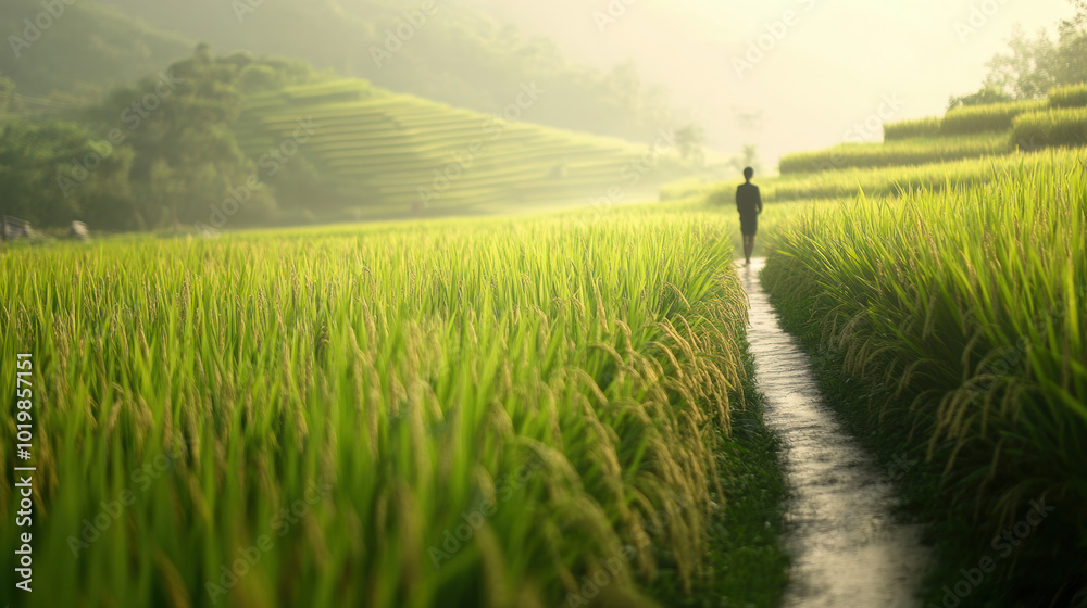 Obraz premium person walking along narrow path surrounded by lush green rice fields, enjoying serene beauty of nature. sunlight creates warm and peaceful atmosphere