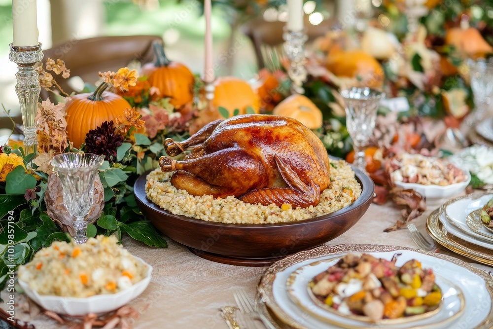 A turkey sits next to a pile of vegetables and a pumpkin A turkey sits next to a pile of vegetables and a pumpkin