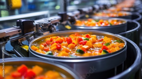Fototapeta Naklejka Na Ścianę i Meble -  Closeup of Steaming  Vegetable Medley in Industrial Food Processing Line