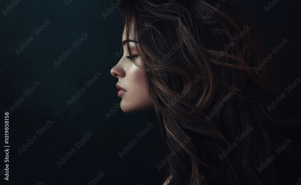 Portrait of a woman with long, flowing black hair against a dark background. Portrait of a woman with long, flowing black hair against a dark background.