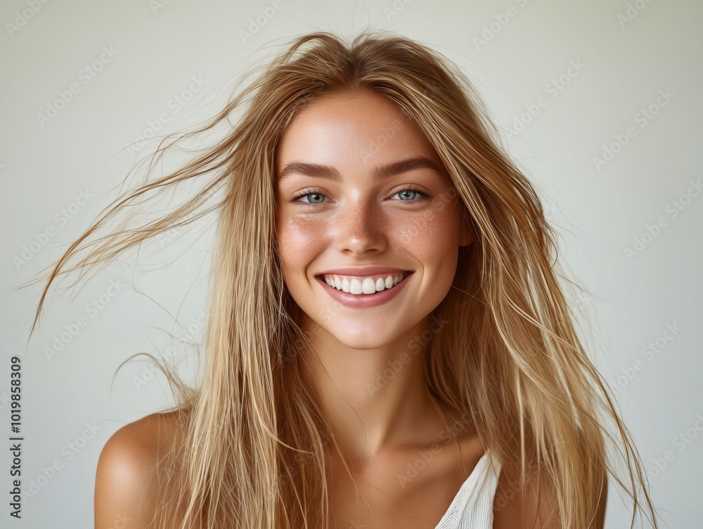A woman with long blonde hair smiling at the camera A woman with long blonde hair smiling at the camera