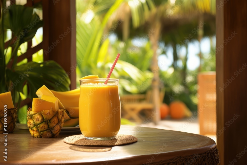 Refreshing Tropical Juice on a Sunlit Table Refreshing Tropical Juice on a Sunlit Table