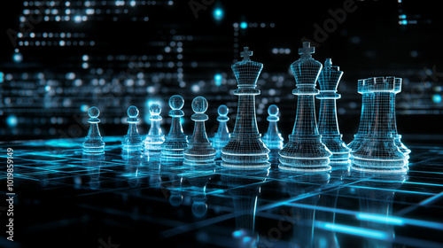 Digital blue glowing chess pieces on a high-tech chessboard with futuristic lighting.