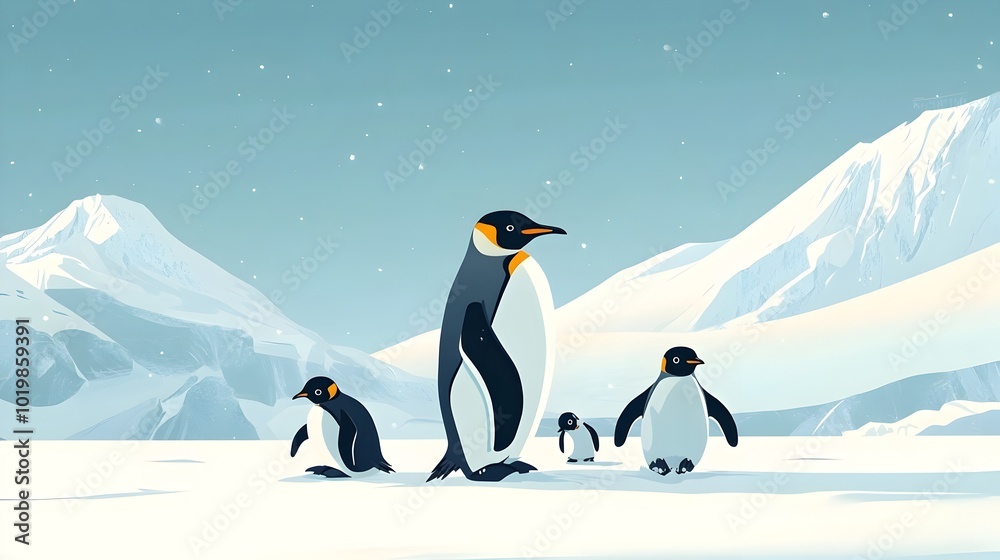 Fototapeta premium Penguins Huddled in a Serene Arctic Landscape Under a Starry Night Sky