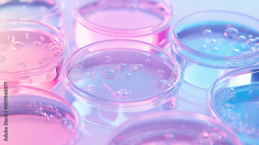 Pastel pink and blue liquid-filled petri dishes with bubbles creating a scientific and artistic effect. Pastel pink and blue liquid-filled petri dishes with bubbles creating a scientific and artistic effect.