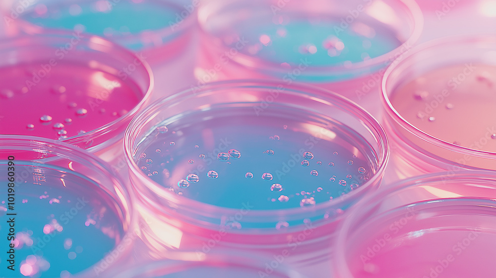 Pastel pink and blue liquid-filled petri dishes with bubbles creating a scientific and artistic effect. Pastel pink and blue liquid-filled petri dishes with bubbles creating a scientific and artistic effect.