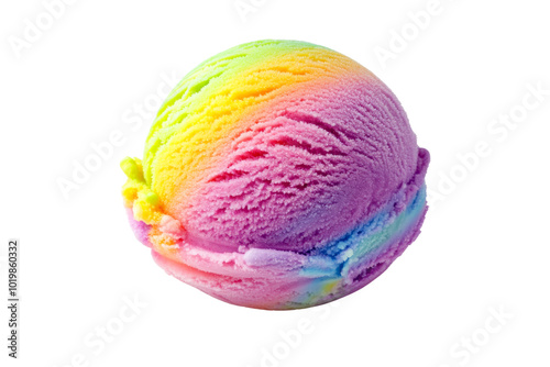 Colorful rainbow ice cream scoop, vibrant and appealing, perfect for sweet treats and desserts on a white isolated background. photo