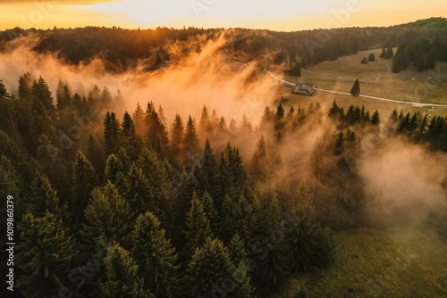 Aerial sunrise on the plain with fog and trees on the meadow. Summer landscape from Poiana Brasov, ski resort, Romania photo