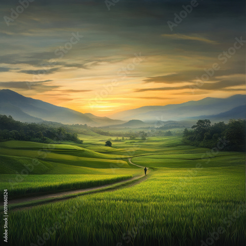 tranquil countryside scene with lone figure walking along winding path through lush green rice fields, surrounded by mountains and beautiful sunset