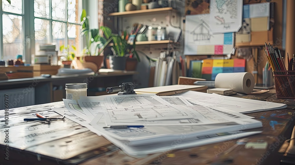 Architectural Blueprints and Tools on a Wooden Table Architectural Blueprints and Tools on a Wooden Table