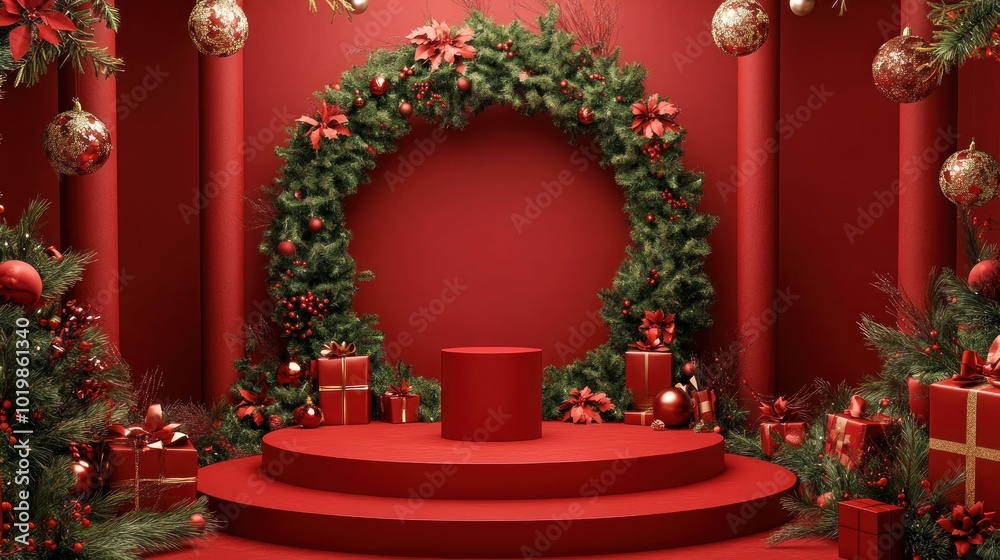 Fototapeta premium Christmas Festive Display with Red Podium and Decorations