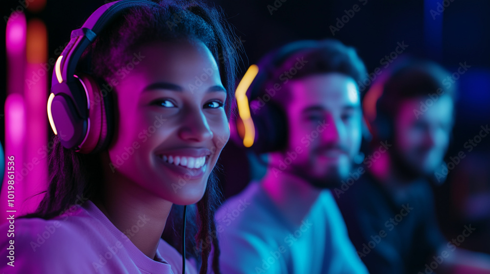 A diverse gamer team in a high-tech environment engaging in voice communication during an intense gaming session at night