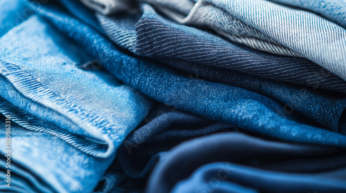 Stack of folded blue denim jeans in various shades. 