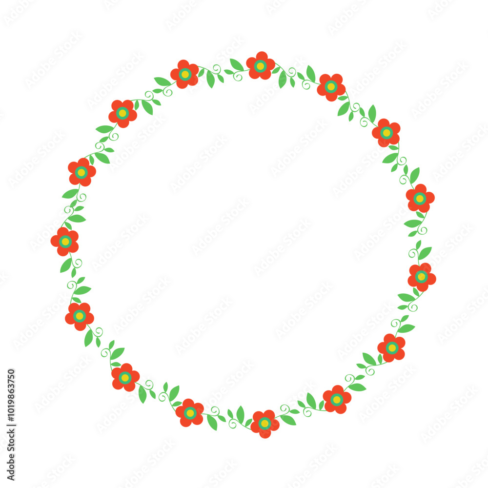 floral wreath on white background. Yellow, blue, white and pink wild flowers. Circular shape frame. Traced vector illustration. floral wreath on white background. Yellow, blue, white and pink wild flowers. Circular shape frame. Traced vector illustration.