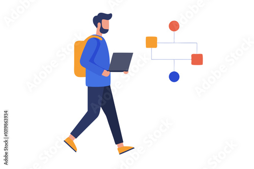 A man walking with a backpack, carrying a laptop and a project timeline in hand illustration on white background.