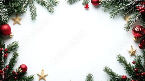 Festive Christmas Frame with Greenery and Ornaments