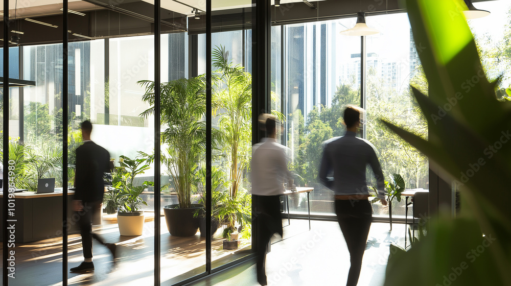 Blurred business professionals walking through a bright and modern office lobby. Blurred business professionals walking through a bright and modern office lobby.