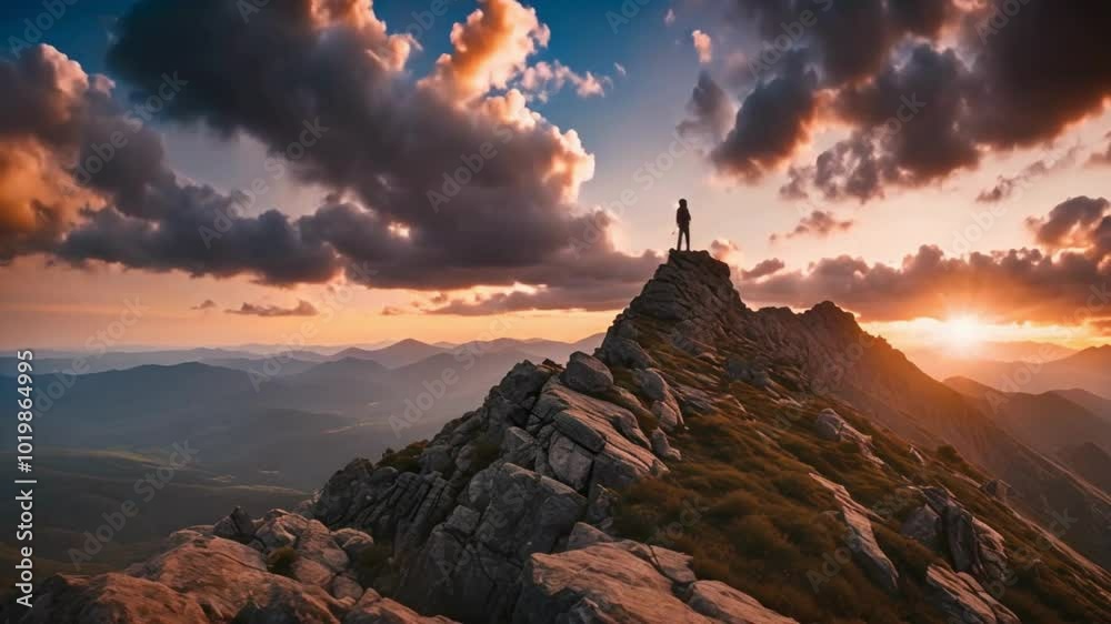 An impressive depiction of a man positioned atop a rugged mountain peak, set against a breathtaking sunset sky. This 3D rendering captures the magnificence of the North American terrain, embodying the An impressive depiction of a man positioned atop a rugged mountain peak, set against a breathtaking sunset sky. This 3D rendering captures the magnificence of the North American terrain, embodying the
