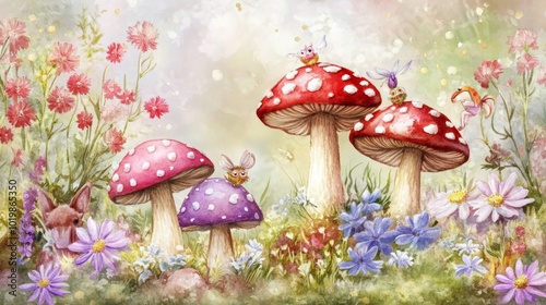 Wallpaper Mural Whimsical Fairy Garden with Toadstools and Playful Creatures - Watercolor Magic Torontodigital.ca