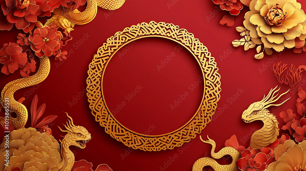 Chinese new year with snake round frame template background. New year snake gold paper cut frame template for banner Chinese new year with snake round frame template background. New year snake gold paper cut frame template for banner