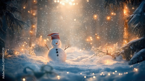 Cheerful snowman standing in a snowy Christmas landscape photo