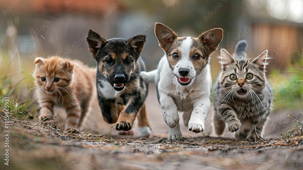 Three Puppies and a Kitten Running in the Forest Three Puppies and a Kitten Running in the Forest
