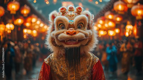 Chinese lion costume in motion, embodying strength and good fortune against a blurred festival background, symbolizing joy and cultural celebration during the Lunar New Year