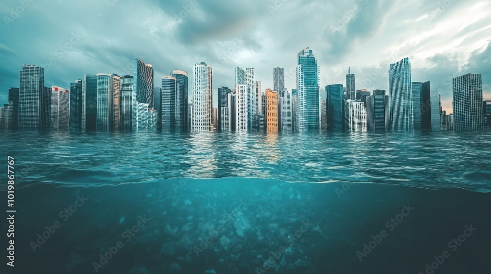 Fototapeta premium A city skyline partially submerged in rising ocean waters, showcasing the impact of climate change.