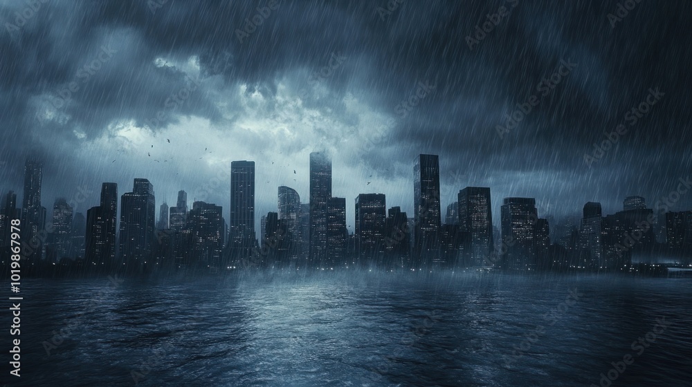 A city skyline shrouded in heavy rain and dark clouds as a hurricane approaches, creating an eerie atmosphere. A city skyline shrouded in heavy rain and dark clouds as a hurricane approaches, creating an eerie atmosphere.