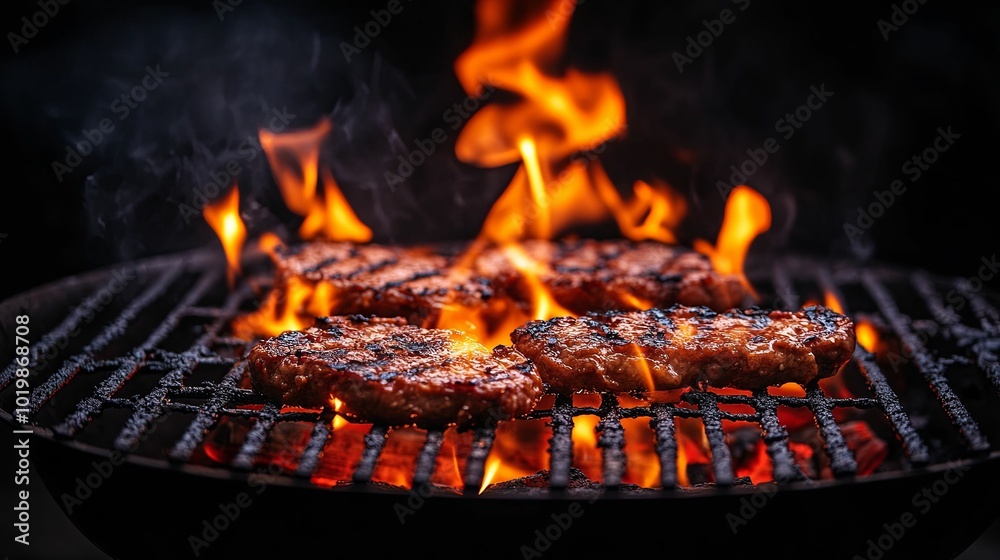 Close-up of Juicy Grilled Burgers on a Flaming Barbecue Grill Close-up of Juicy Grilled Burgers on a Flaming Barbecue Grill