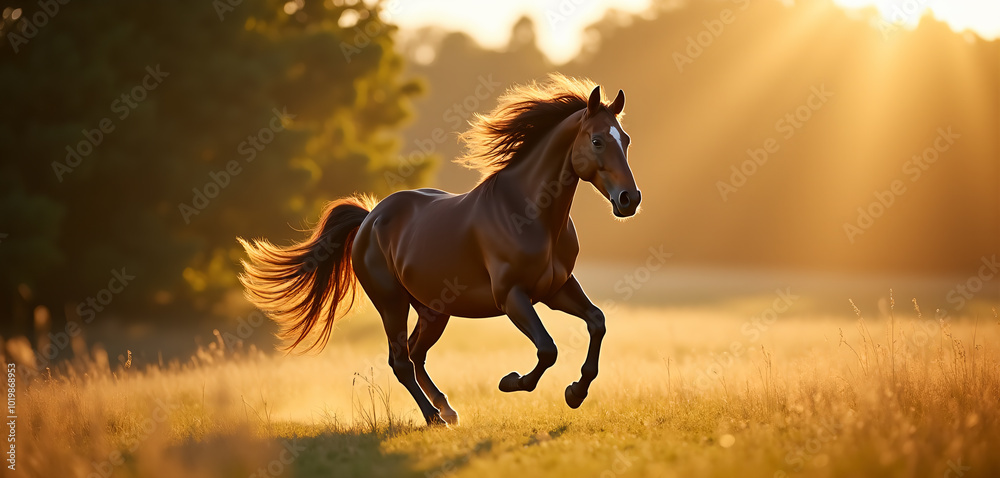 Horse Galloping in Golden Field: Freedom and Power Horse Galloping in Golden Field: Freedom and Power